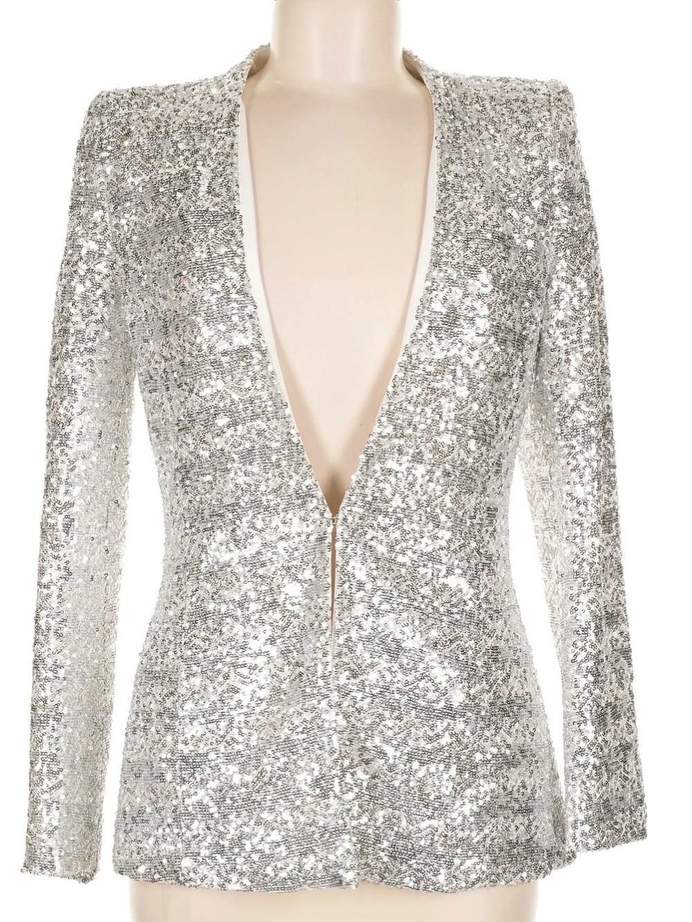 Zara Silver Sequin Plunge Blazer